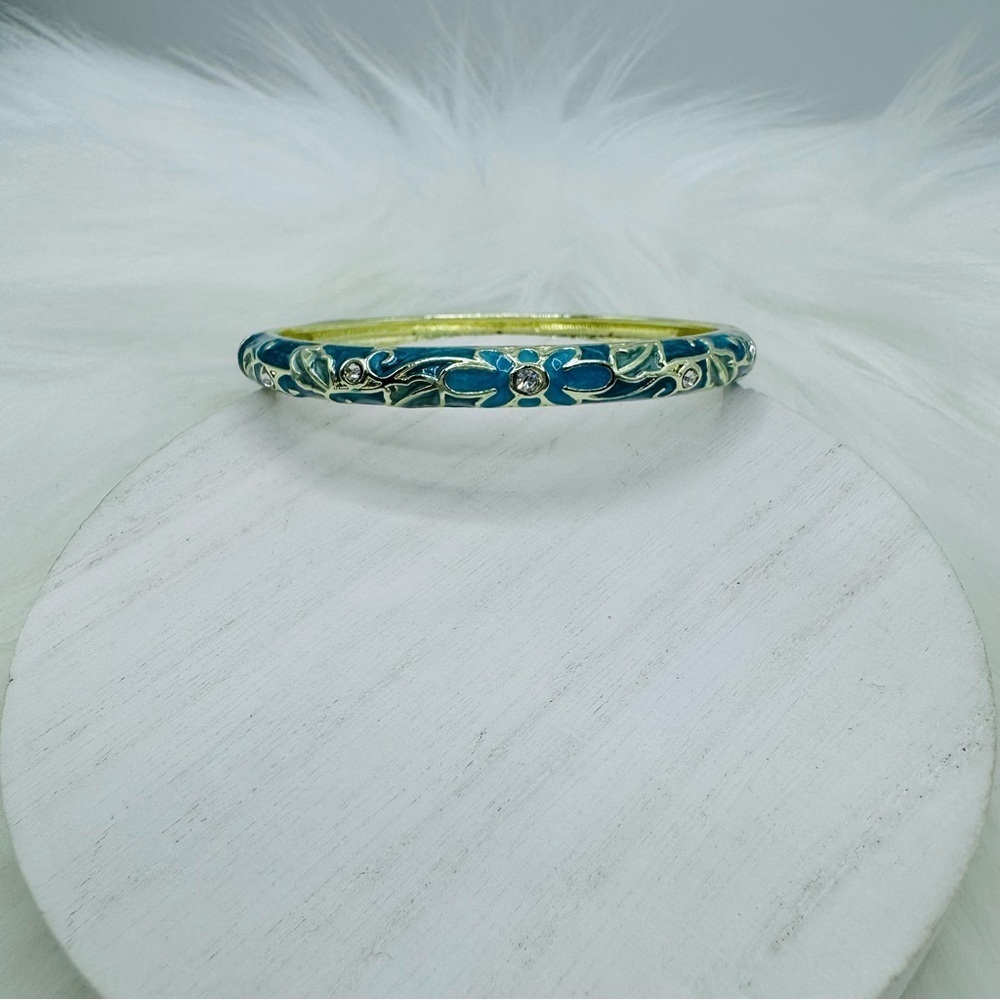 Floral Teal Theme Enamel Hollow Out Cloisonne  Bangle